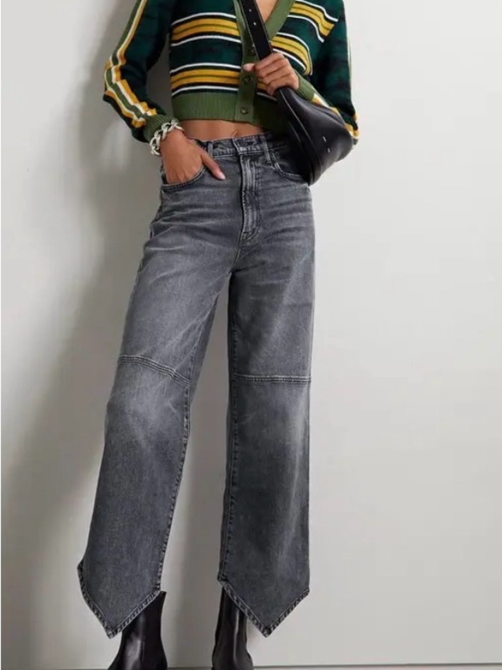 MOTHER Washed Gray High-Rise Wide-Leg Jeans with Pointed Hem